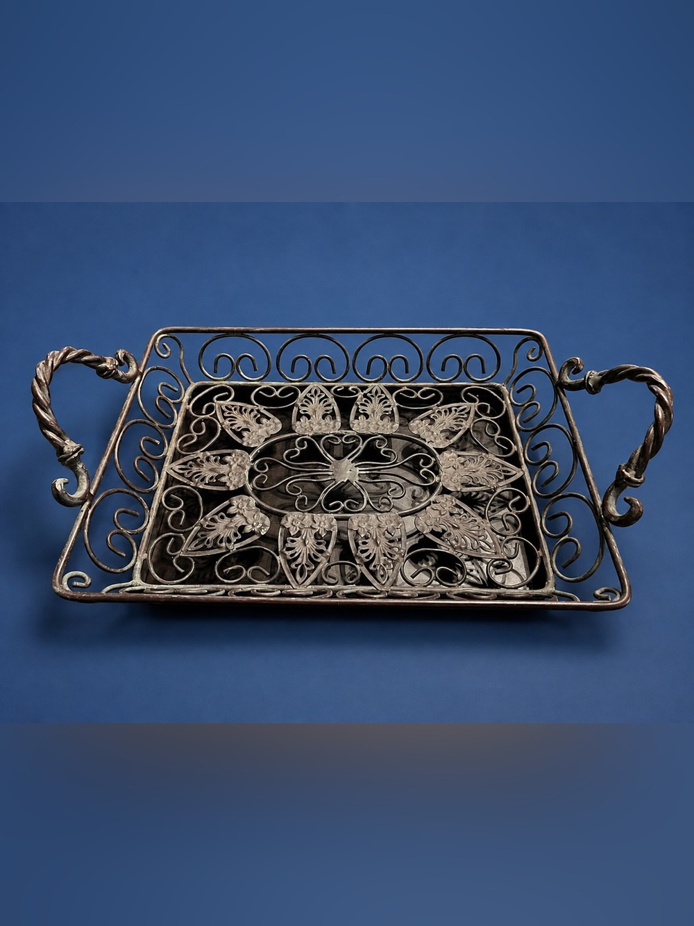 Vintage Metal Tray – Ornate Serving Tray with Scrollwork Floral Design